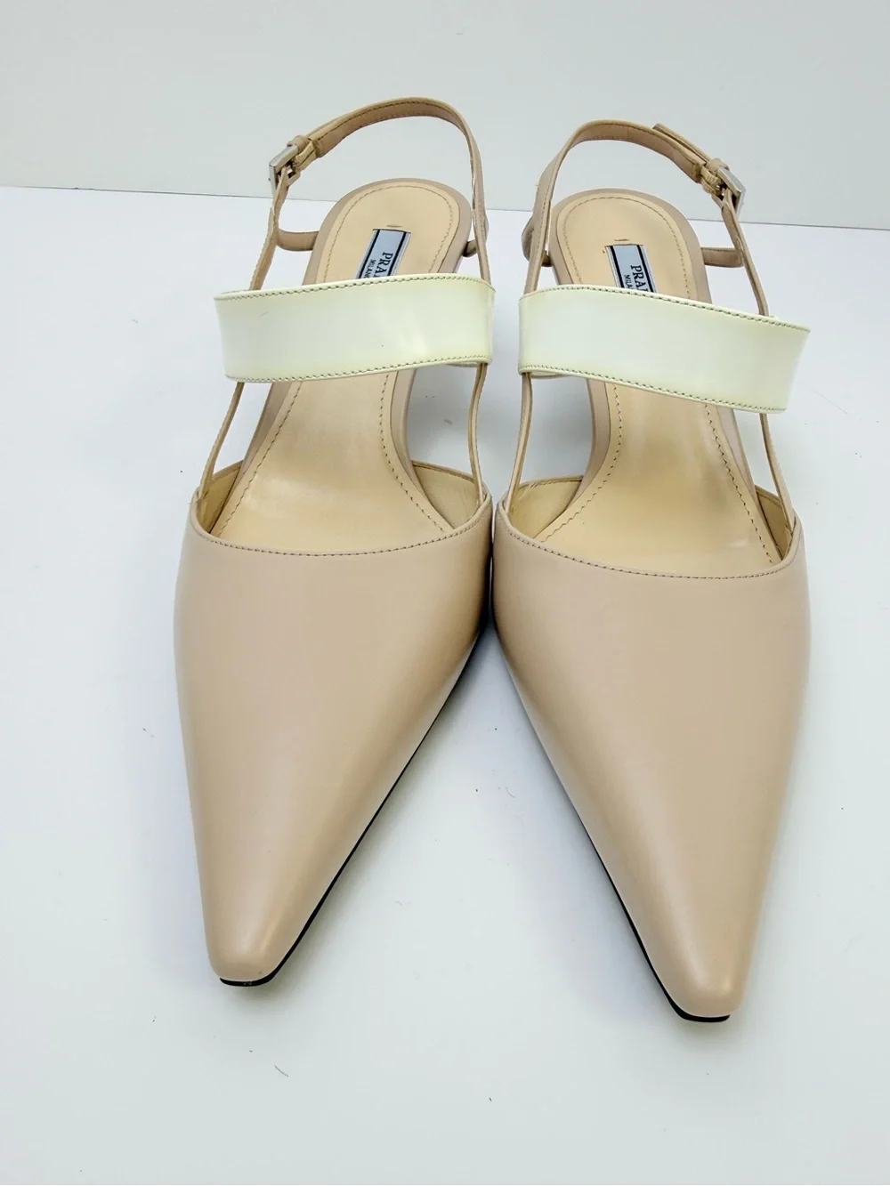 Prada Triangle Logo Mary Jane Slingback Nude Ivory Leather Heel pumps EU 38.5